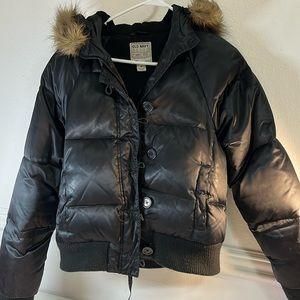 Super warm, black, puffy coat with fuzzy hood
